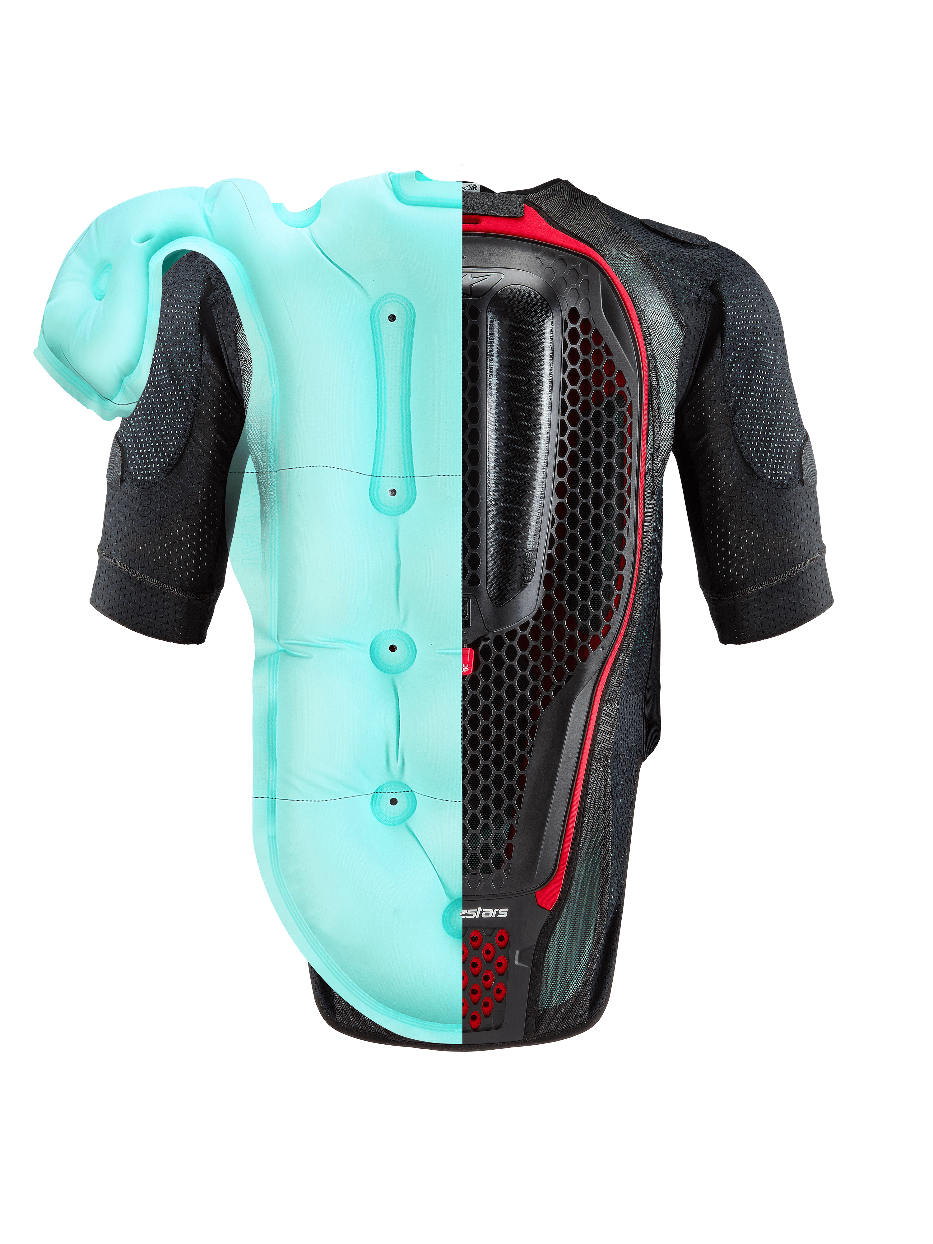 Alpinestars Tech-Air® 7X System, Motorrad-Airbagweste, Schwarz und Rot, Rückansicht mit geteilter Darstellung der hellblauen, aufgeblasenen Airbag-Kammer und des internen Waben-Rückenprotektors, Hochleistungsschutz für Rennstrecke und Straße.
