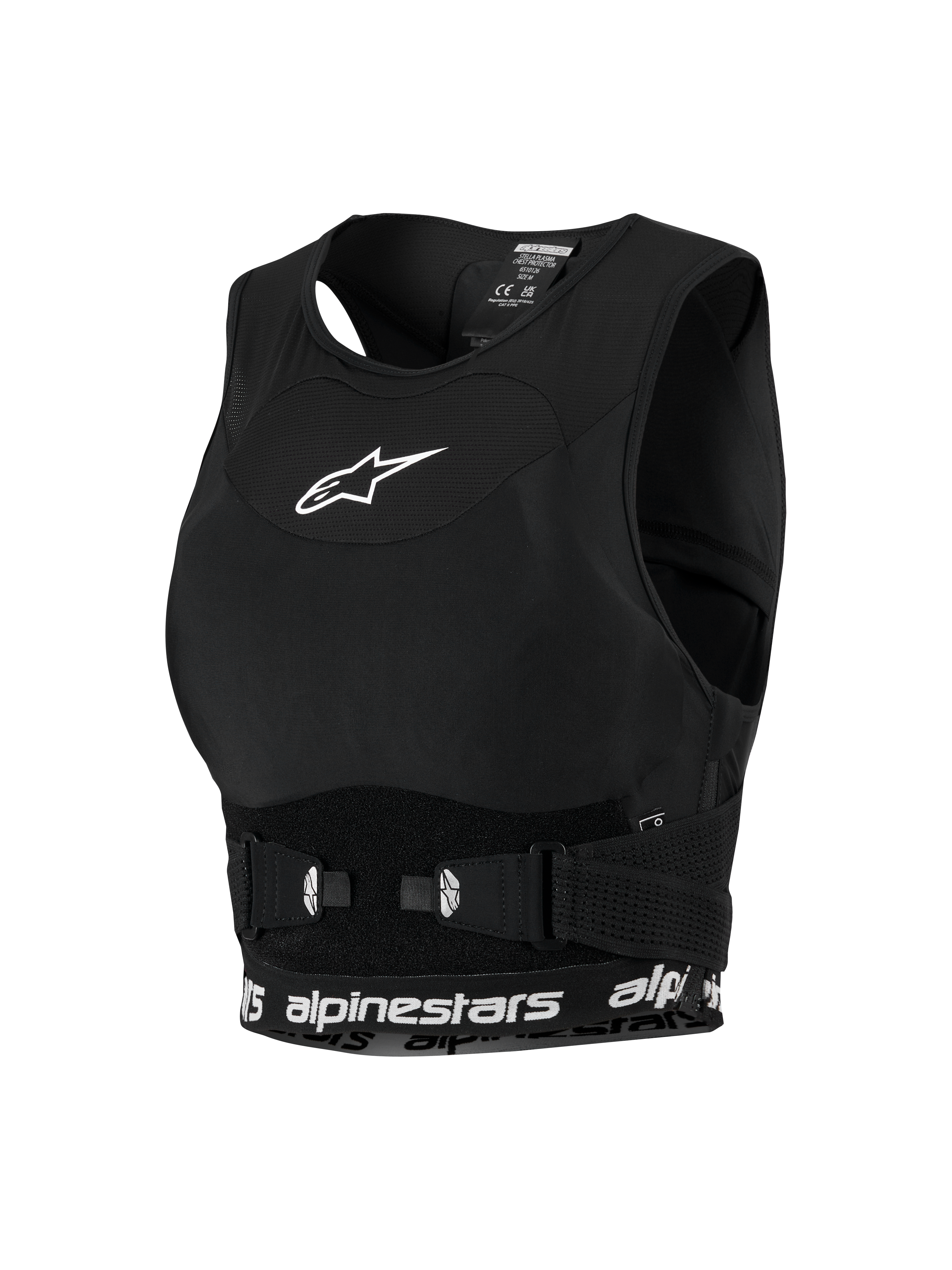 Alpinestars Woman Stella Plasma Brustprotektor, Motocross-Ausrüstung für Damen, Schwarz mit weißen Details, Mesh-Chassis im Sport-BH-Stil, mit weißem Stern-Logo auf der Brust und Marken-Unterband, verstellbare Seitenschnallen für einen sicheren Sitz