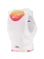 Alpinestars Stella PLASMA Damen Brustprotektor, Light Lilac Fade White, Rückansicht mit einer gelb-rosa Verlaufs-Grafik und weißem Logo, weißer atmungsaktiver Mesh-Konstruktion und perforierten Seitenriemen für Offroad-Schutz.
