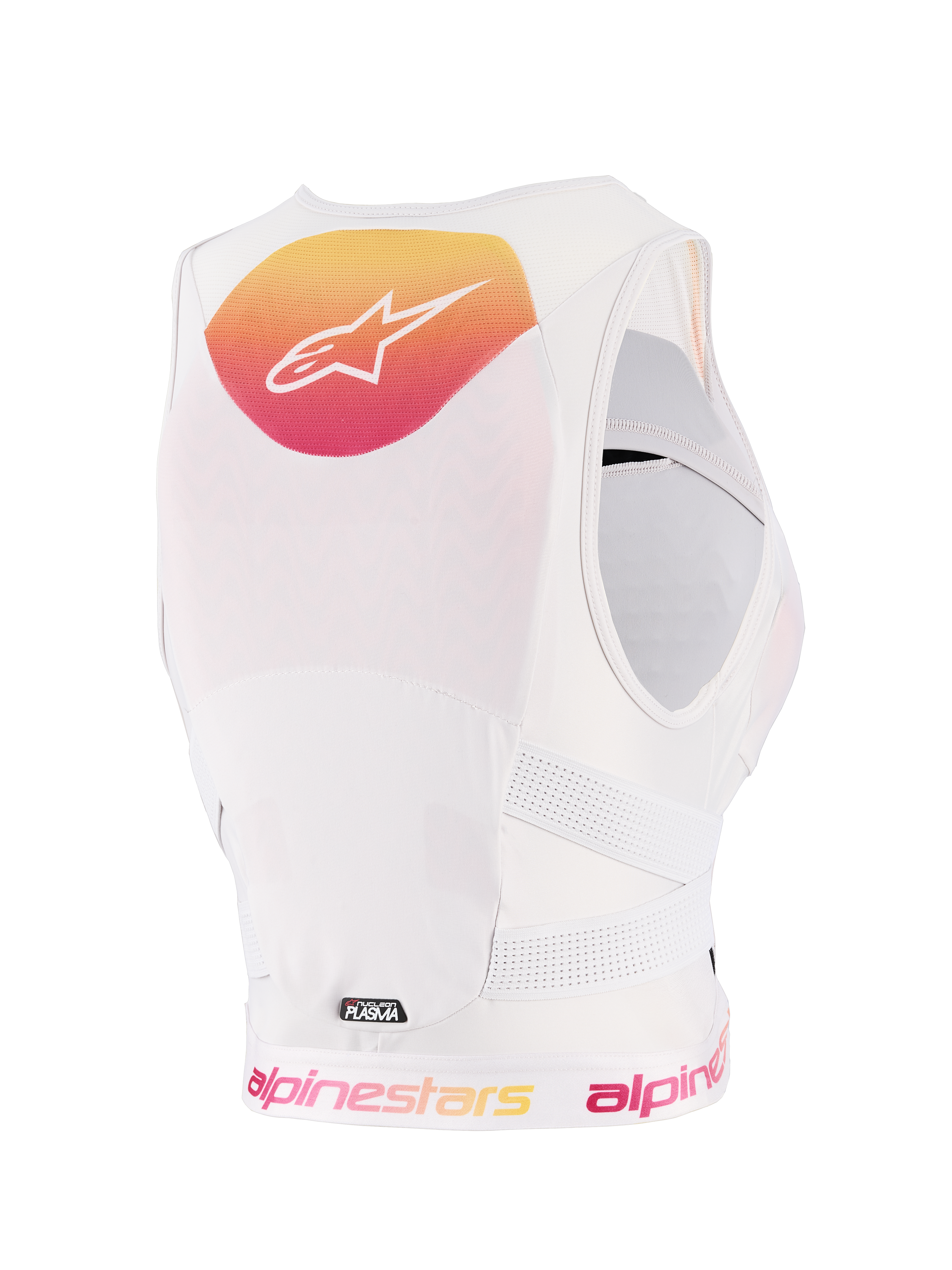 Alpinestars Stella PLASMA Damen Brustprotektor, Light Lilac Fade White, Rückansicht mit einer gelb-rosa Verlaufs-Grafik und weißem Logo, weißer atmungsaktiver Mesh-Konstruktion und perforierten Seitenriemen für Offroad-Schutz.