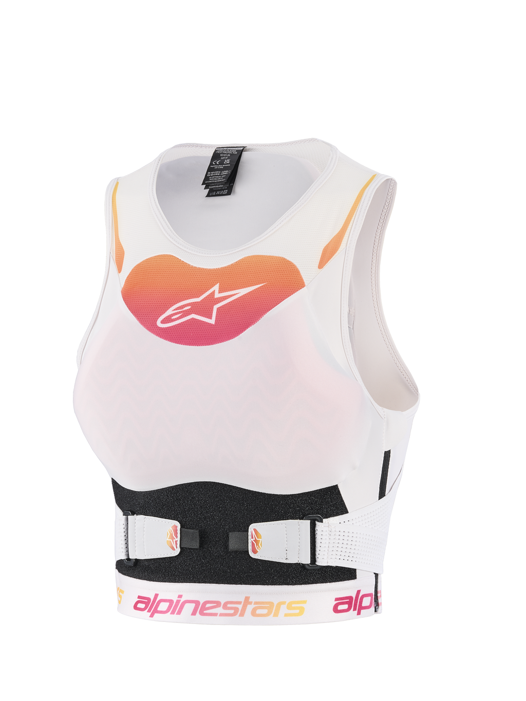 Alpinestars Stella Plasma Brustprotektor, Motocross-Schutzweste für Damen, Weiß mit orange-pinkem Verlaufslogo, atmungsaktive Mesh-Konstruktion mit verstellbaren V-Belt-Gurten, ergonomischer Offroad-Körperschutz