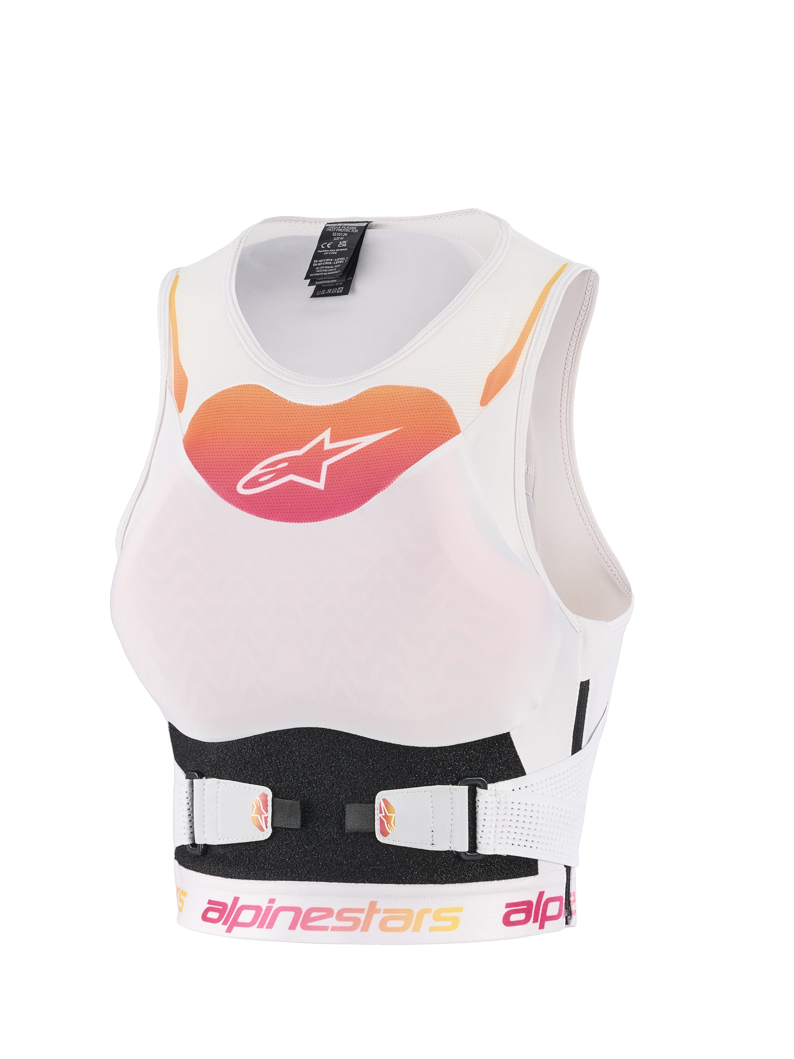 Alpinestars Stella Plasma Brustprotektor, Motocross-Schutzweste für Damen, Weiß mit orange-pinkem Verlaufslogo, atmungsaktive Mesh-Konstruktion mit verstellbaren V-Belt-Gurten, ergonomischer Offroad-Körperschutz
