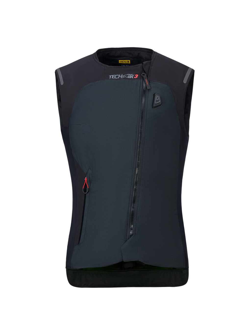Alpinestars Damen Stella Tech-Air 3 V2 System, schwarze Motorrad-Airbag-Weste, Vorderansicht, mit diagonalem Reißverschluss, Tech-Air 3 Branding und LED-Statusanzeige auf der Brust