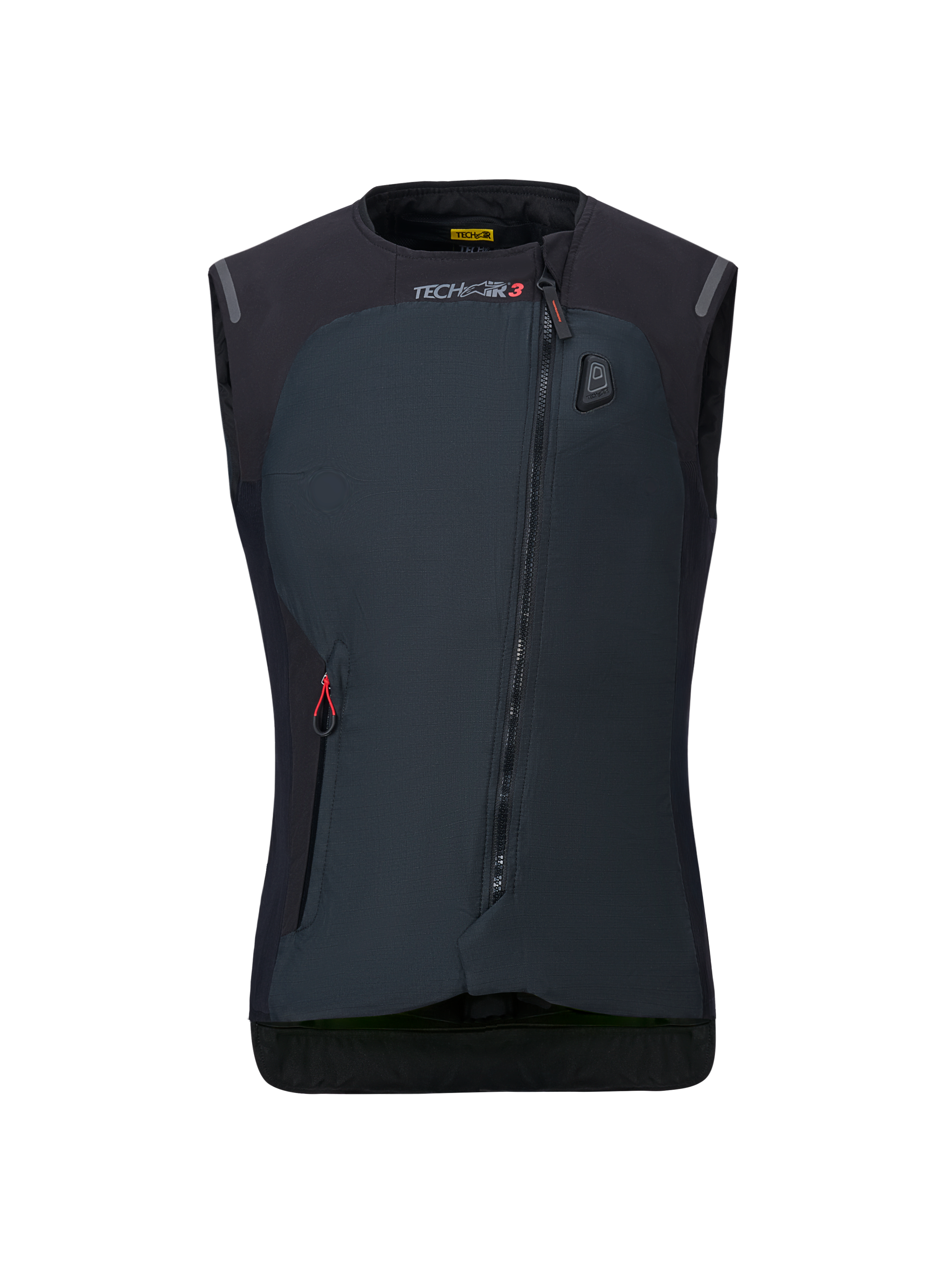 Alpinestars Damen Stella Tech-Air 3 V2 System, schwarze Motorrad-Airbag-Weste, Vorderansicht, mit diagonalem Reißverschluss, Tech-Air 3 Branding und LED-Statusanzeige auf der Brust