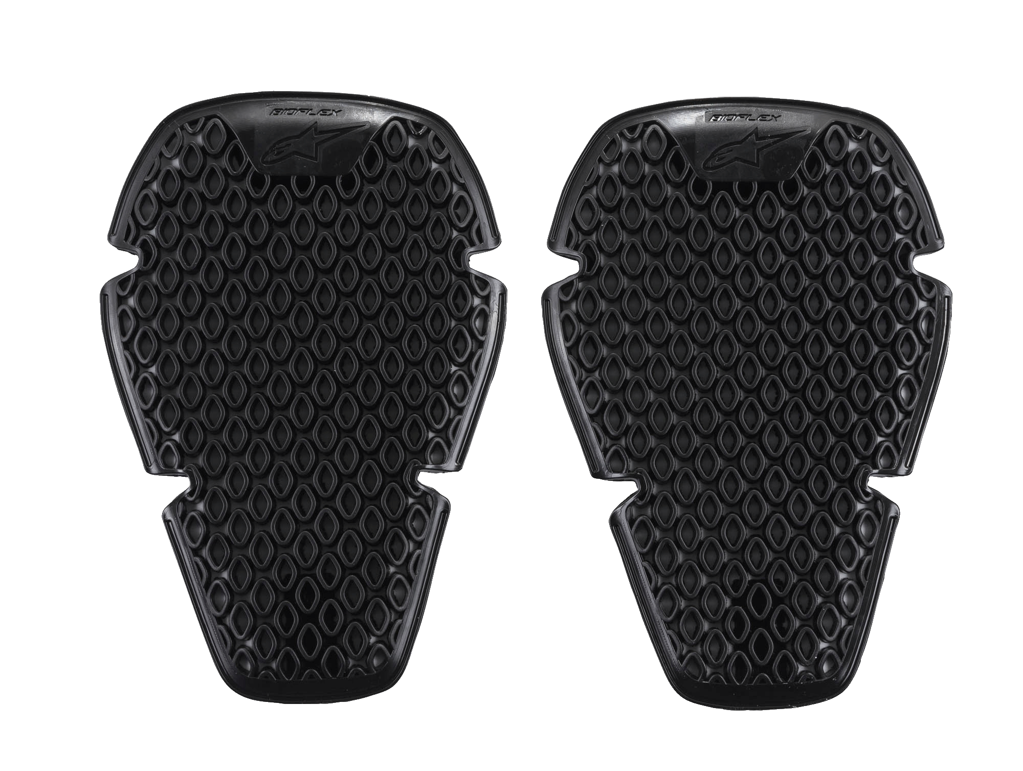 Alpinestars Bioflex Knieschutz, Knieprotektoren, Schwarz, Paar schlanke Schutzeinsätze mit verbundener Zellstruktur und rautenförmiger Belüftung, leichtes ergonomisches Design für Aufprallschutz, Alpinestars-Logo und Bioflex-Branding oben