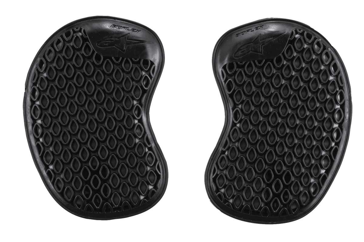 Alpinestars Bioflex Hip Protectors, Black, pair of motorcycle hip armor inserts featuring a ventilated honeycomb cell structure, slim ergonomic shape for a discreet fit, adaptive impact protection pads.
