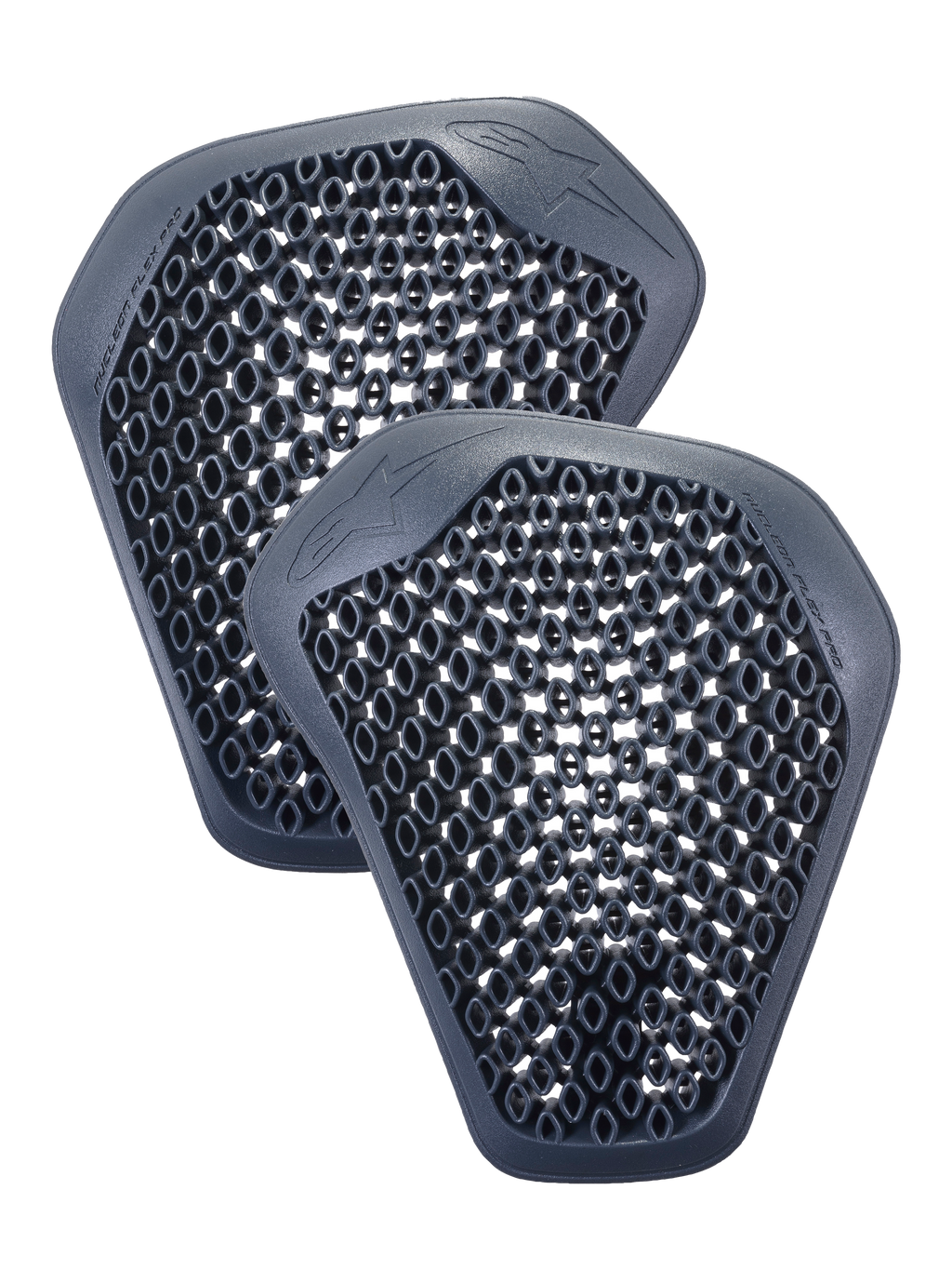 Alpinestars Nucleon Flex Pro Schulterprotektoren, ein Paar anthrazitgraue Einsätze mit Wabenstruktur, leichtes und belüftetes ergonomisches Design für Motorradjacken.