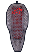 Alpinestars Nucleon Flex Proi Full Back Protector Insert, Transparent Smoke Red, smoke gray hexagonal cell structure with red inner core, red Alpinestars logo at the top, ergonomic elongated shield shape, highly ventilated motorcycle protection gear