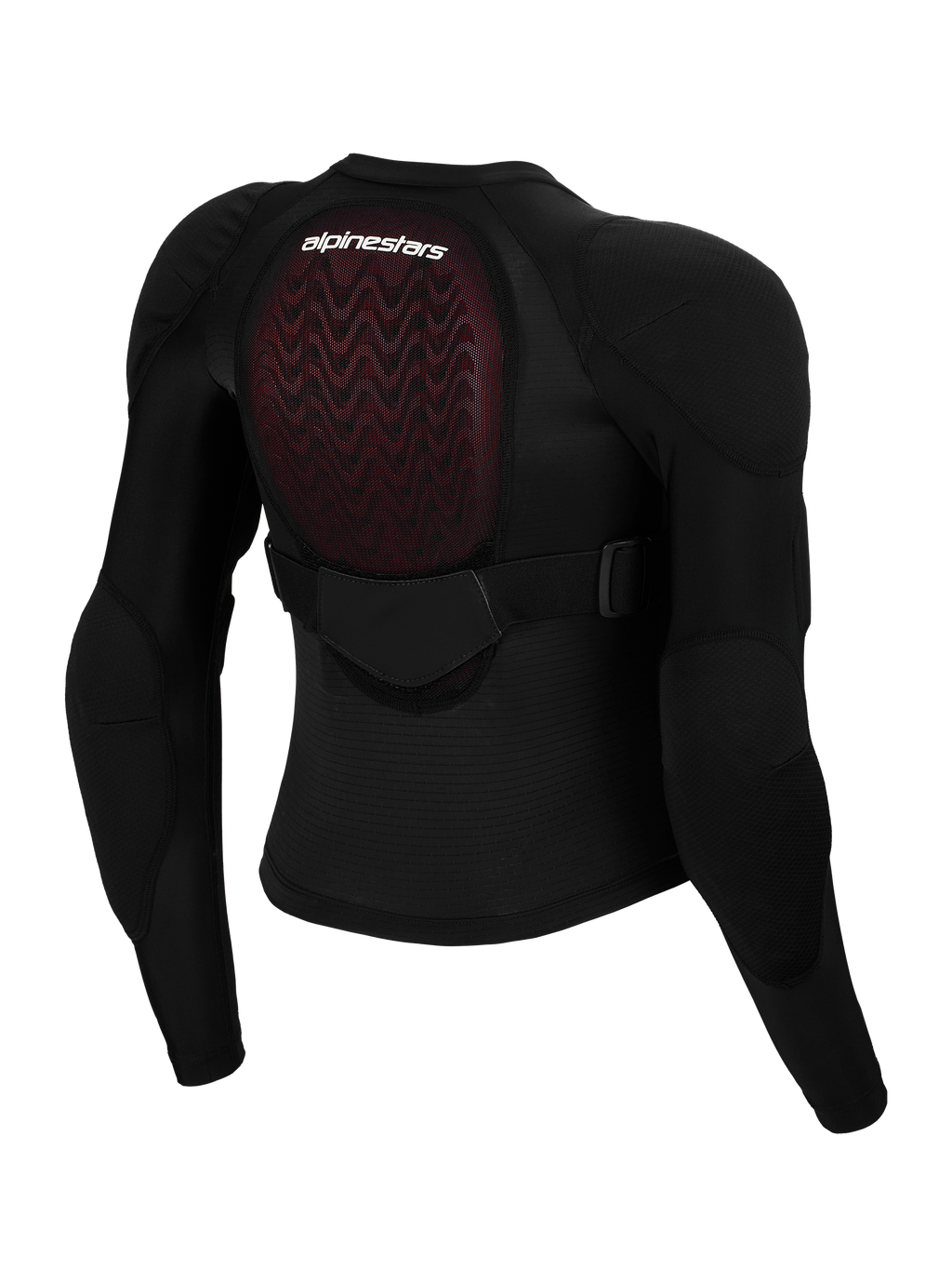 Alpinestars Bionic Plasma LT Jugend-Schutzjacke, Rückansicht, schwarzes Mesh mit rotem Nucleon PLASMA Rückenprotektor, integrierte Schulter- und Ellbogenprotektoren, verstellbarer Gurt am mittleren Rücken, Schutzausrüstung für Jugend-Motocross