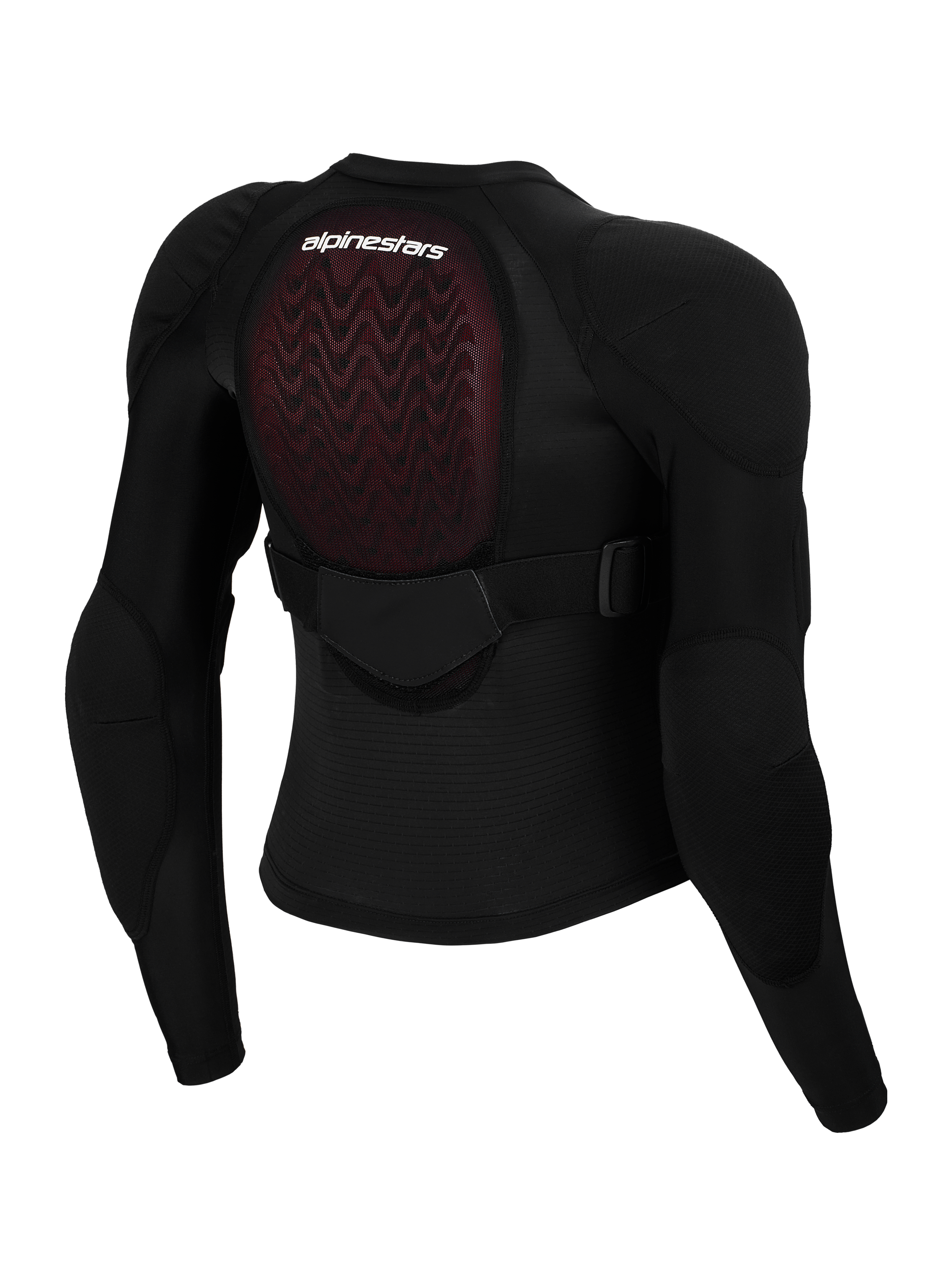 Alpinestars Bionic Plasma LT Jugend-Schutzjacke, Rückansicht, schwarzes Mesh mit rotem Nucleon PLASMA Rückenprotektor, integrierte Schulter- und Ellbogenprotektoren, verstellbarer Gurt am mittleren Rücken, Schutzausrüstung für Jugend-Motocross