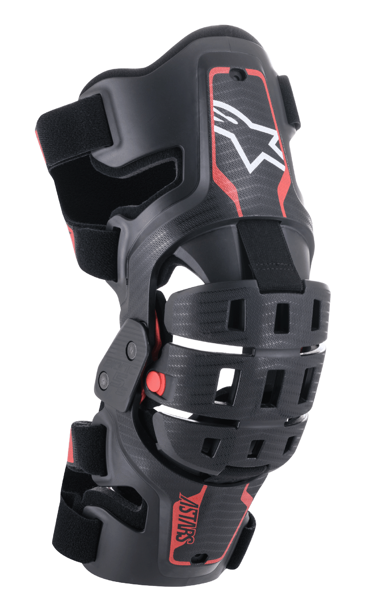 Alpinestars Bionic 5S Jugend-Knieorthese, Motocross-Knieschützer, Schwarz und Rot mit weißem Stern-Logo, gelenkiges Vier-Punkt-Scharniersystem, robuster Verbundrahmen mit verstellbaren Riemen, entwickelt für den Jugend-Offroad-Rennsport