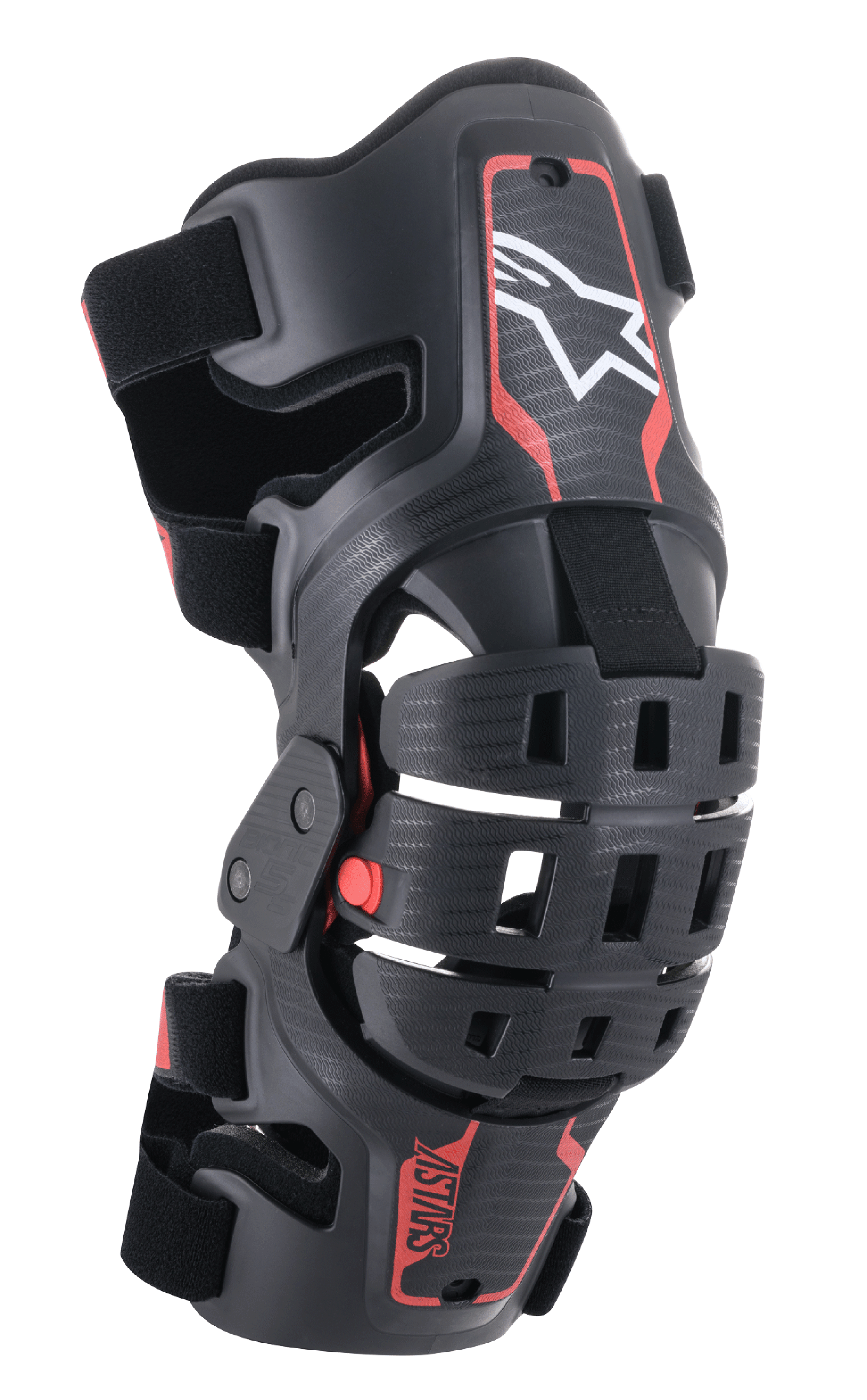 Alpinestars Bionic 5S Jugend-Knieorthese, Motocross-Knieschützer, Schwarz und Rot mit weißem Stern-Logo, gelenkiges Vier-Punkt-Scharniersystem, robuster Verbundrahmen mit verstellbaren Riemen, entwickelt für den Jugend-Offroad-Rennsport