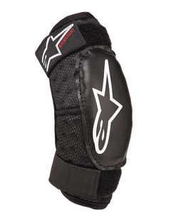 Alpinestars Youth Bionic Action Kickstart Elbow Guard, Black, protective youth elbow pad with white star logo and red Kickstart branding, double adjustable straps with Velcro, breathable mesh fabric, ergonomic design for motocross and action sports