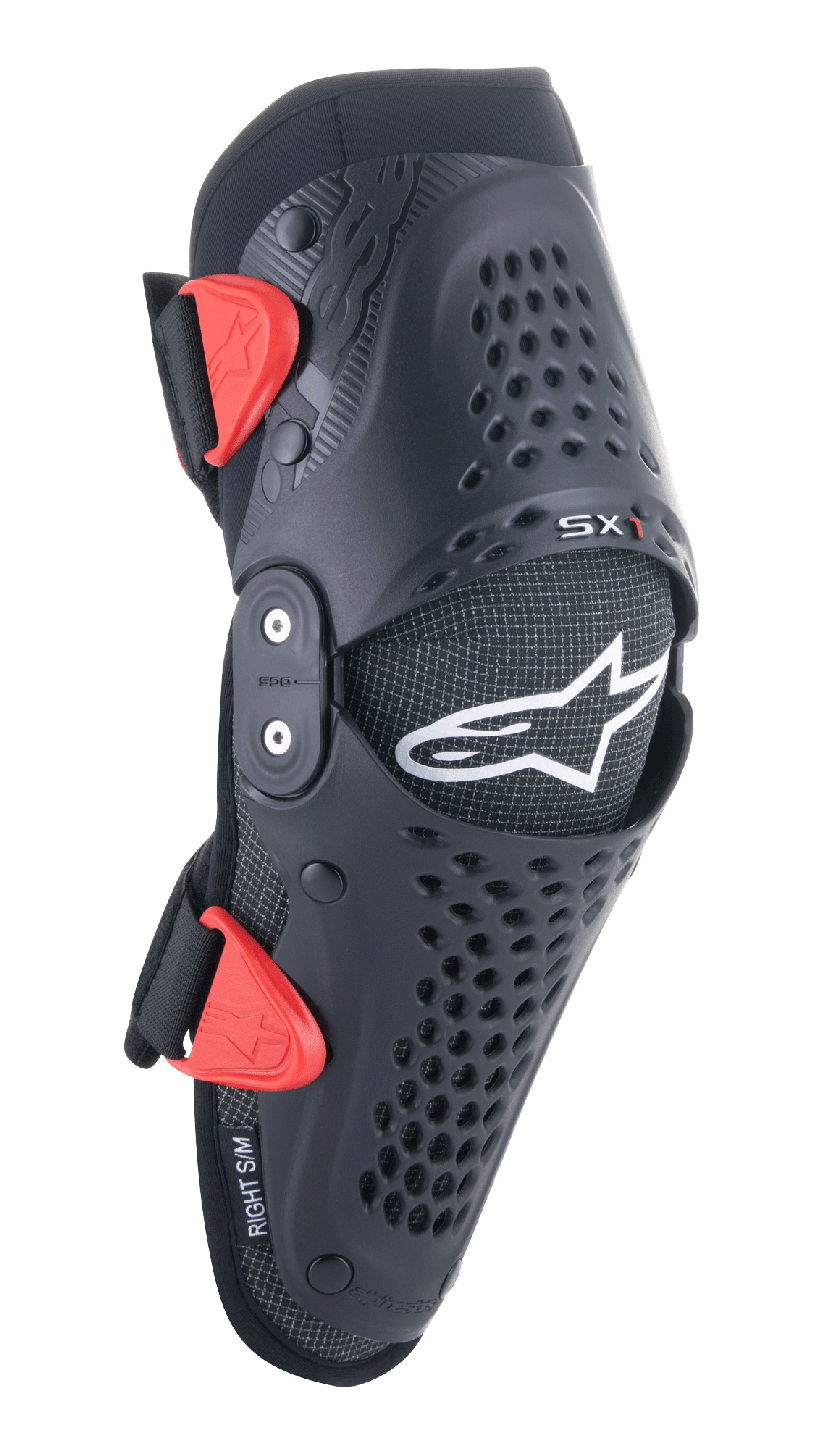 Alpinestars Youth SX-1 Knieschützer, Motocross-Knieprotektoren, Schwarz und Rot, mit perforierten Belüftungsöffnungen, Doppelgelenk-System, verstellbare Riemen mit roten Schnallen, weißes Stern-Logo, Offroad-Schutzausrüstung für Jugendliche
