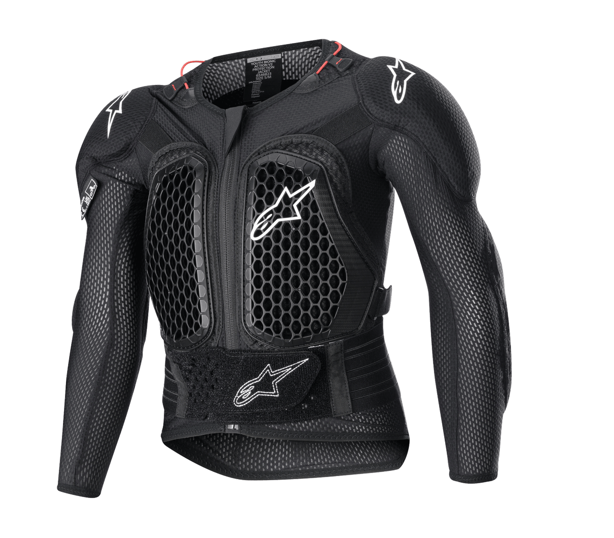 Alpinestars Youth Bionic Action V2 Protection Jacket, Motocross Body Armor, Black with white logos and red accents, honeycomb ventilation pattern on chest and shoulders, adjustable waist strap, durable impact protection for young riders