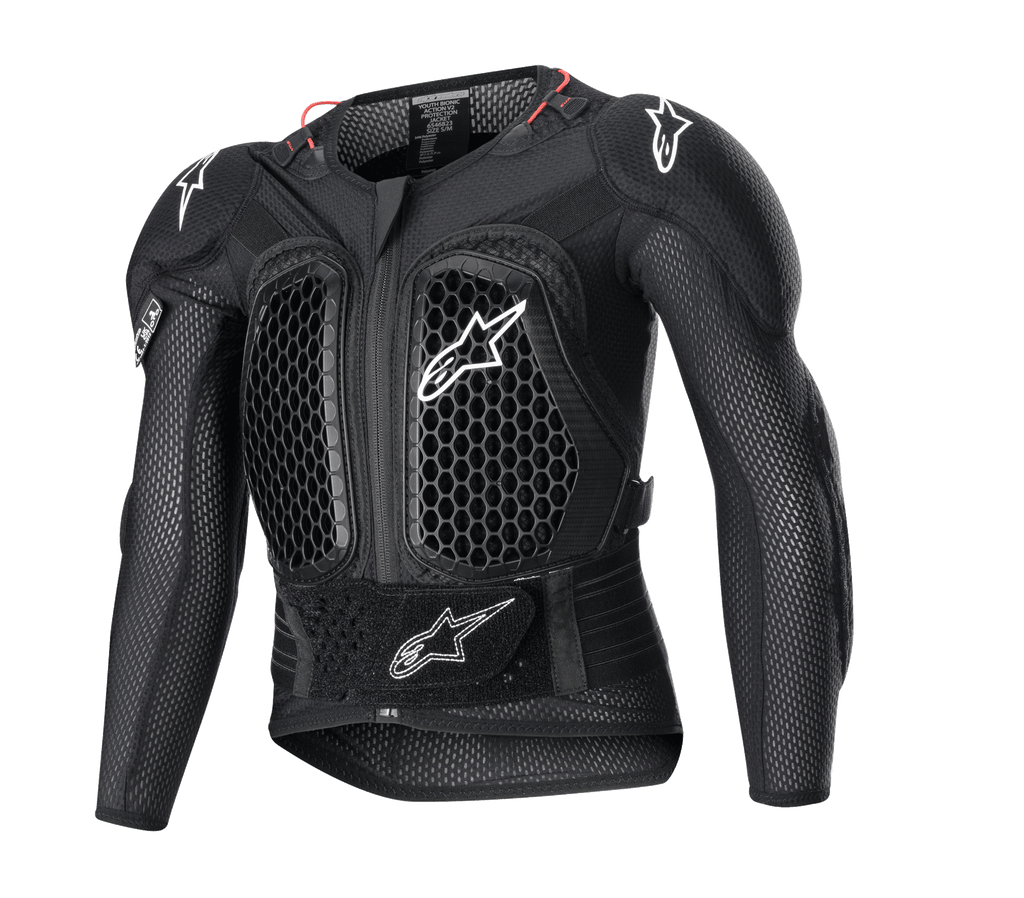 Alpinestars Youth Bionic Action V2 Protection Jacket, Motocross Body Armor, Black with white logos and red accents, honeycomb ventilation pattern on chest and shoulders, adjustable waist strap, durable impact protection for young riders