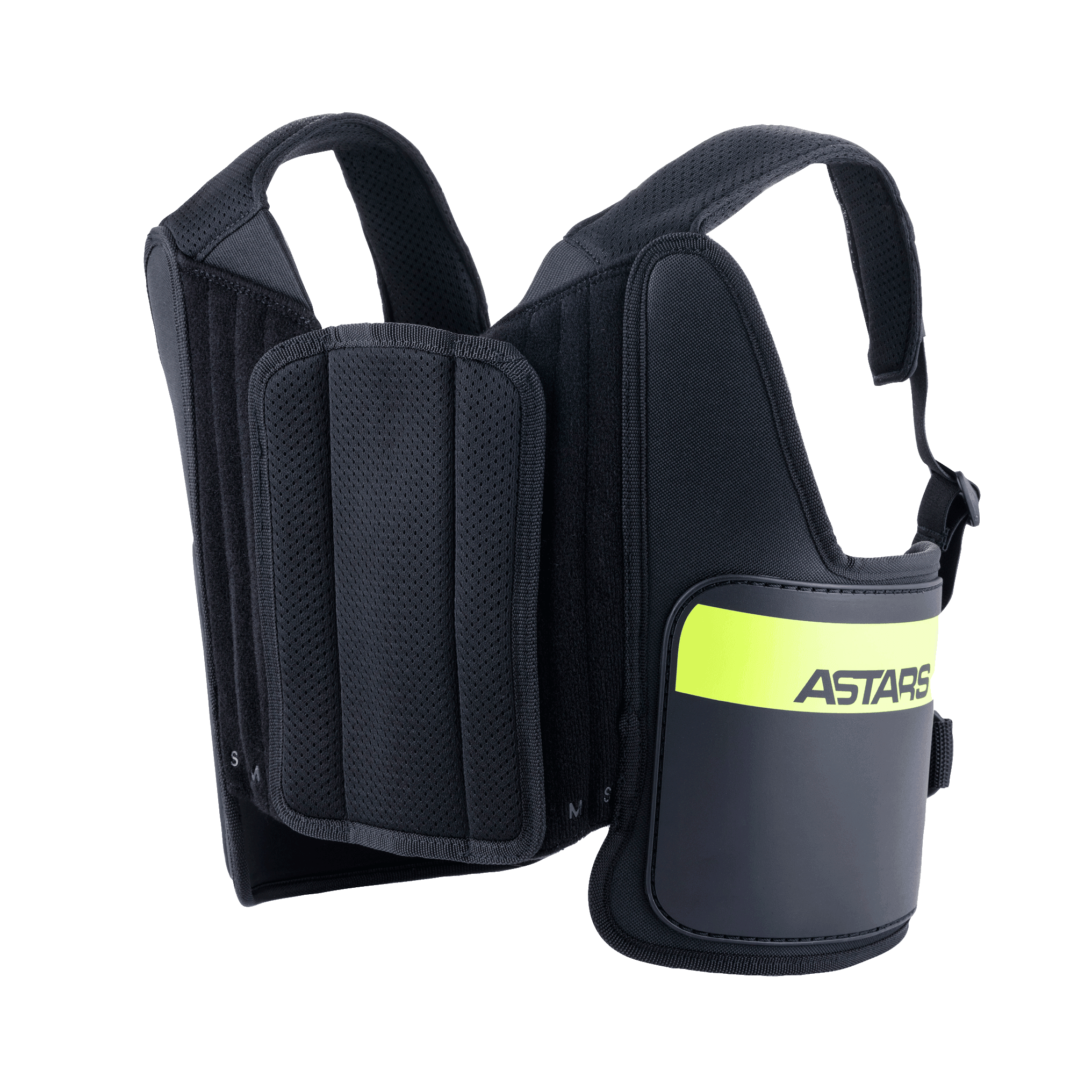 Alpinestars Youth Bionic Rib Support, Karting Rib Protector, Black and Yellow Fluo, featuring adjustable mesh shoulder straps, padded side panels with a bright yellow fluorescent band and ASTARS branding, ergonomic design for kart racing protection
