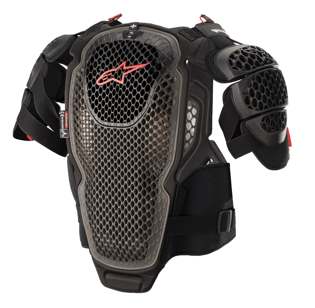Alpinestars A-6 Brustschutz, Motocross-Brustpanzer, Schwarz-Anthrazit und Rot, mit perforierten Platten in Cell-Technologie, rotes Alpinestars-Logo auf der Brust, verstellbare Riemen und abnehmbare Schulterprotektoren, Offroad-Schutzausrüstung