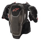 Alpinestars A-6 Brustschutz, Motocross-Brustpanzer, Schwarz-Anthrazit und Rot, mit perforierten Platten in Cell-Technologie, rotes Alpinestars-Logo auf der Brust, verstellbare Riemen und abnehmbare Schulterprotektoren, Offroad-Schutzausrüstung