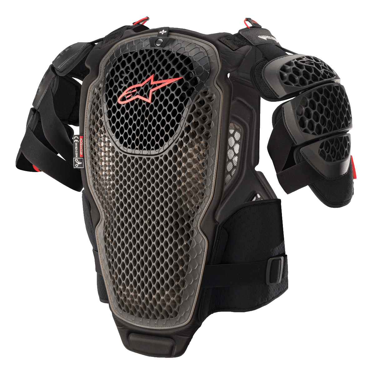 Alpinestars A-6 Brustschutz, Motocross-Brustpanzer, Schwarz-Anthrazit und Rot, mit perforierten Platten in Cell-Technologie, rotes Alpinestars-Logo auf der Brust, verstellbare Riemen und abnehmbare Schulterprotektoren, Offroad-Schutzausrüstung