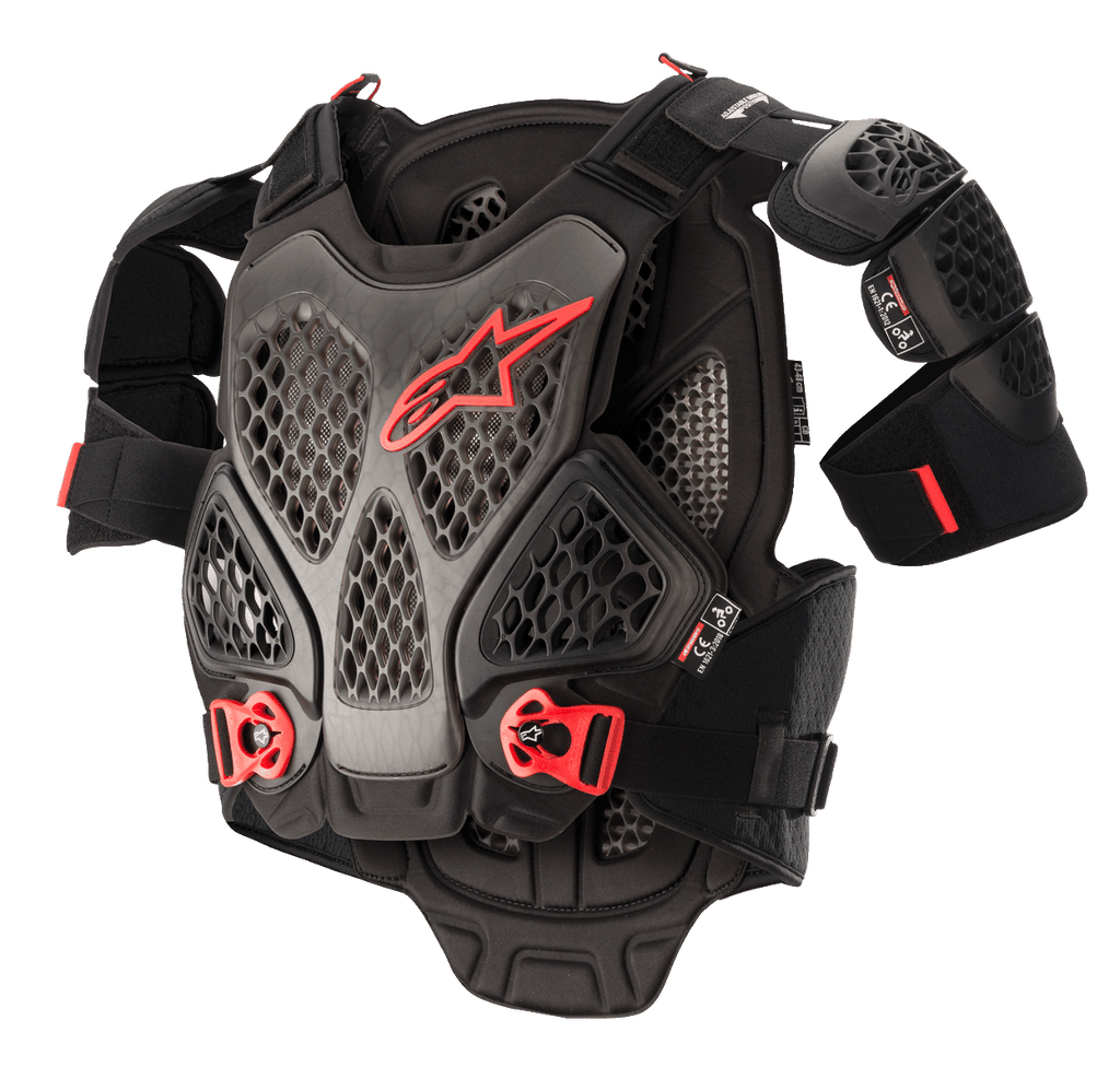 Alpinestars A-6 Brustprotektor, Motocross-Schutzausrüstung, Schwarz, Anthrazit und Rot, Wabenstruktur-Cell-Technologie-Platten, rotes Alpinestars-Logo, verstellbare rote Schnellverschluss-Schnallen, abnehmbare Schulterprotektoren
