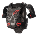 Alpinestars A-6 Brustprotektor, Motocross-Schutzausrüstung, Schwarz, Anthrazit und Rot, Wabenstruktur-Cell-Technologie-Platten, rotes Alpinestars-Logo, verstellbare rote Schnellverschluss-Schnallen, abnehmbare Schulterprotektoren