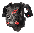 Alpinestars A-6 Brustprotektor, Motocross-Schutzausrüstung, Schwarz, Anthrazit und Rot, Wabenstruktur-Cell-Technologie-Platten, rotes Alpinestars-Logo, verstellbare rote Schnellverschluss-Schnallen, abnehmbare Schulterprotektoren