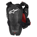 Alpinestars A-1 Pro Brustschutz, Anthrazit-Schwarz und Rot, Rückansicht mit dem Rückenprotektor-Panel, perforierte Polyeder-Technologie zur Belüftung, weißes Astars-Logo, rote Wabenpolsterung im Inneren, Offroad-Motorradschutzausrüstung