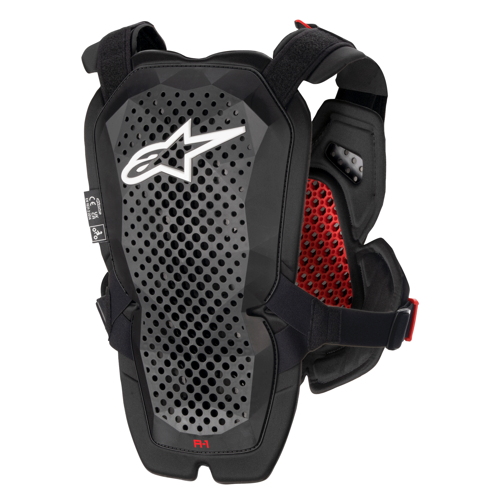 Alpinestars A-1 Pro Brustschutz, Anthrazit-Schwarz und Rot, Rückansicht mit dem Rückenprotektor-Panel, perforierte Polyeder-Technologie zur Belüftung, weißes Astars-Logo, rote Wabenpolsterung im Inneren, Offroad-Motorradschutzausrüstung