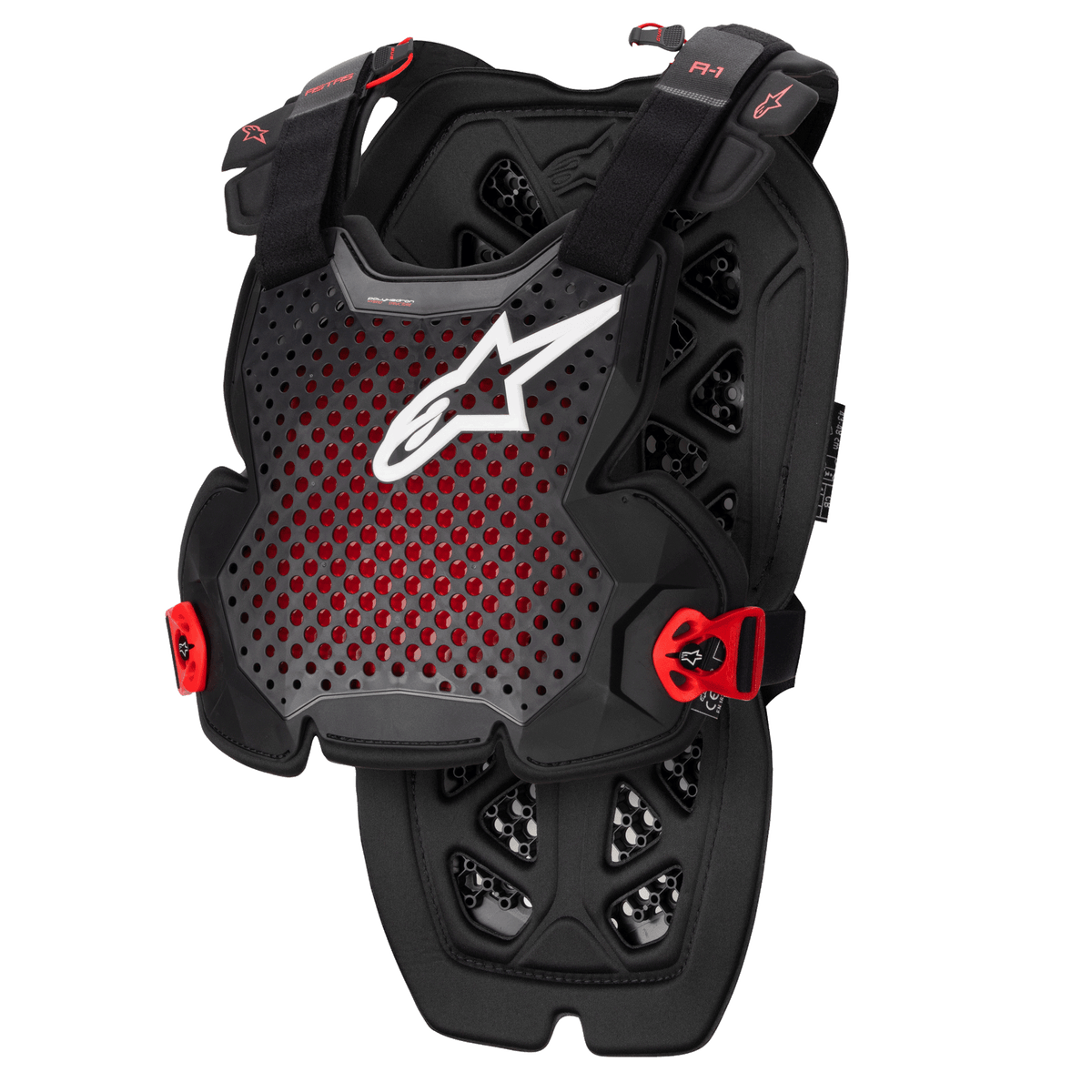 Alpinestars A-1 Pro Brustpanzer, Anthrazit, Schwarz und Rot, perforiertes, atmungsaktives Design mit weißem Logo, verstellbare Gurte mit roten Schnallen, hexagonales Belüftungsmuster, leichter Schutz für Motocross und Offroad-Fahrten