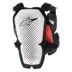 Alpinestars A-1 Pro Brustschutz, Weiß und Schwarz mit roten Akzenten, perforiertes Rückenteil zur Belüftung, rote Waben-Innenpolsterung, leichte Motocross-Schutzausrüstung