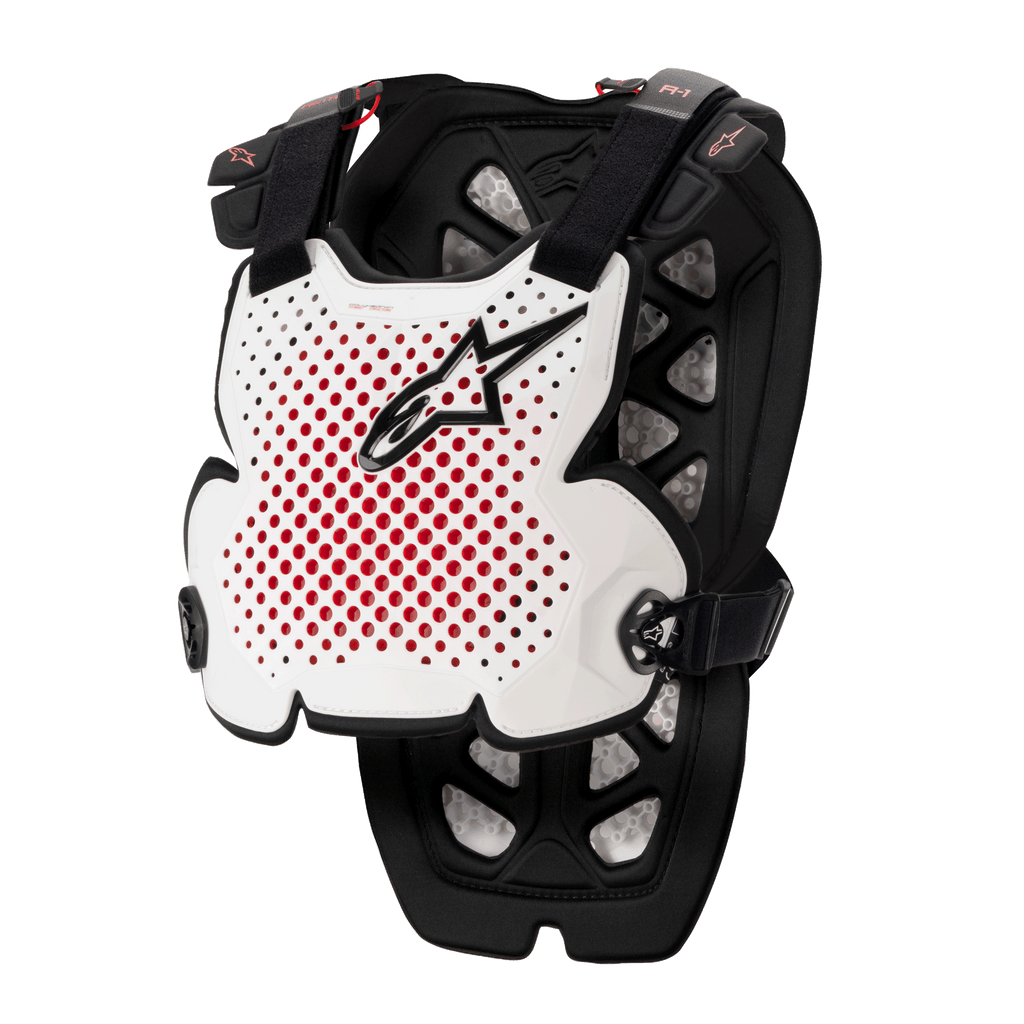 Alpinestars A-1 Pro Brustprotektor, Motocross-Brustschutz, Weiß, Schwarz und Rot, mit perforierter Belüftung und roter Innenseite, schwarzes Stern-Logo, verstellbare schwarze Gurte, leichte Schutzpolsterung für Offroad-Rennsport