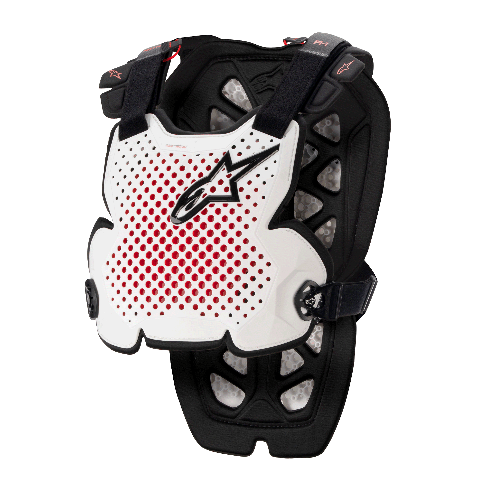 Alpinestars A-1 Pro Brustprotektor, Motocross-Brustschutz, Weiß, Schwarz und Rot, mit perforierter Belüftung und roter Innenseite, schwarzes Stern-Logo, verstellbare schwarze Gurte, leichte Schutzpolsterung für Offroad-Rennsport