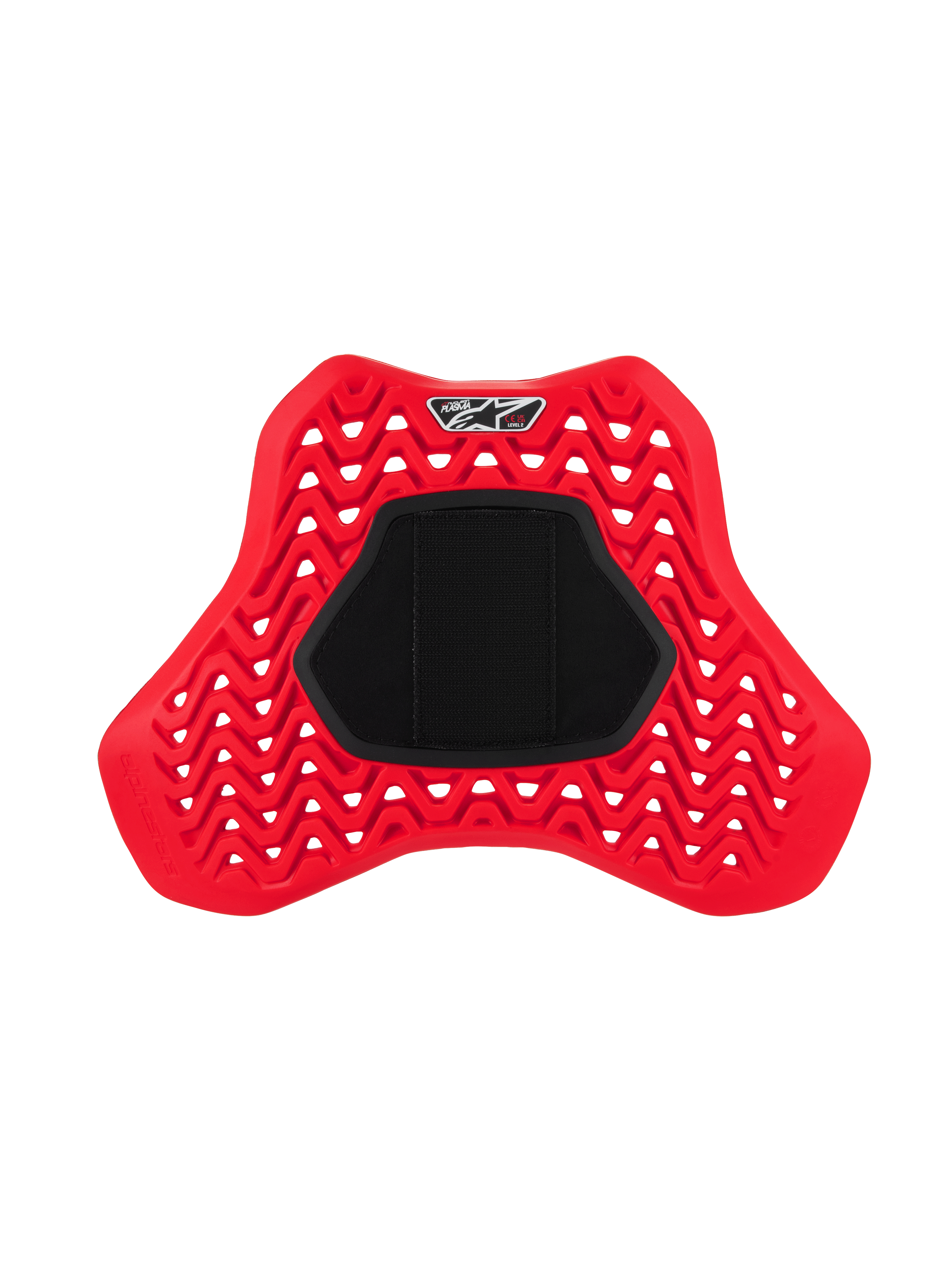 Alpinestars Nucleon Plasma Full Chest Protector Hook and Loop, Red and Black, featuring a perforated zigzag design for airflow, large black central hook and loop panel, ergonomic shield-shaped motorcycle armor insert for impact protection