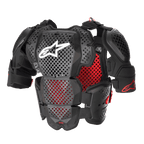 Alpinestars A-10 V2 Vollbrustschutz, Motocross-Brustpanzer, Anthrazitschwarz und Rot, mit perforierten Brust- und Schulterplatten, rotem Wabenfutter, weißem Alpinestars-Logo in der Brustmitte, ultraleichte Schutzausrüstung