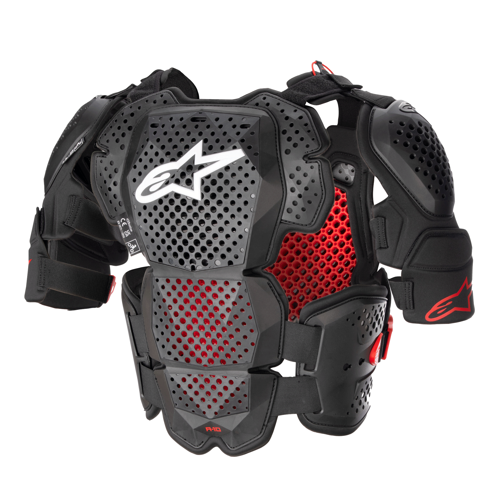 Alpinestars A-10 V2 Vollbrustschutz, Motocross-Brustpanzer, Anthrazitschwarz und Rot, mit perforierten Brust- und Schulterplatten, rotem Wabenfutter, weißem Alpinestars-Logo in der Brustmitte, ultraleichte Schutzausrüstung