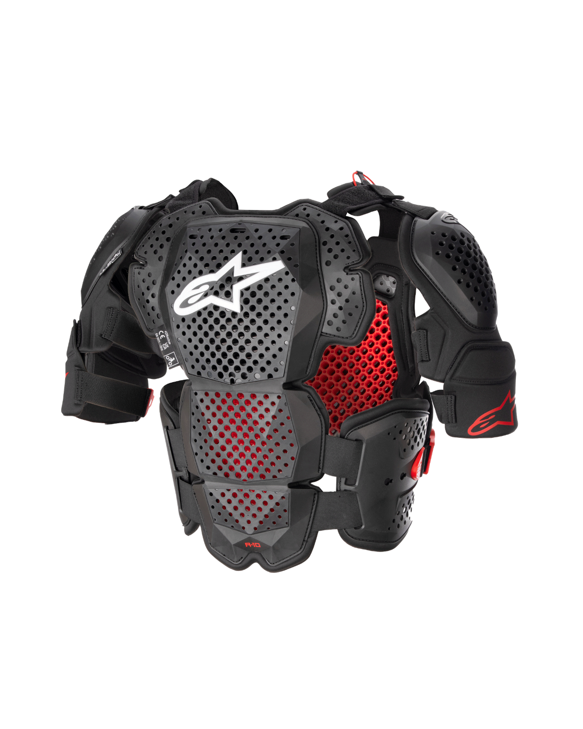 Alpinestars A-10 V2 Vollständiger Brustschutz, Motocross Körperschutz, Anthrazit Schwarz und Rot, mit perforierten Brust- und Schulterplatten, rotem Waben-Futter und weißem Alpinestars-Logo auf der Brust
