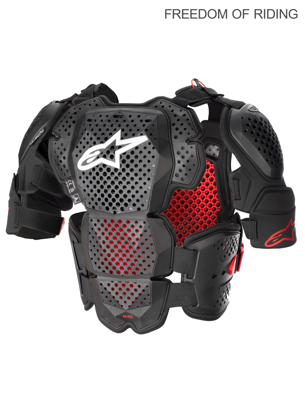 Alpinestars A-10 V2 Vollständiger Brustschutz, Motocross- und Offroad-Körperschutz für Herren, Anthrazit-Schwarz und Rot, CE-zertifiziert Level 2. Ausgestattet mit Polyeder-Hybrid-Technologie für hohe Belüftung, leichter Kunststoffschale mit Schulterprotektoren und Ram-Air-Kühlkanälen.