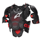 Alpinestars A-10 V2 Vollbrustschutz, Motocross-Brustpanzer, Anthrazit-Schwarz und Rot, mit einer perforierten Brustplatte mit weißem Alpinestars-Logo, verstellbaren Schulterpolstern und roten schlagfesten Schnallen, Schutzausrüstung für den Offroad-Rennsport