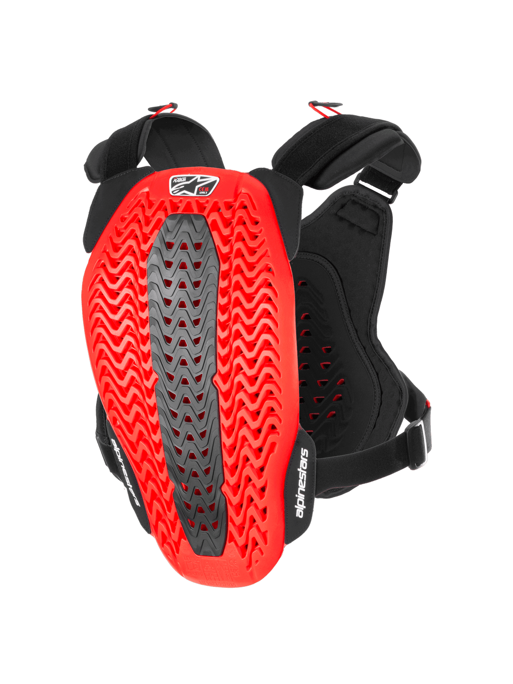 Alpinestars A-5 Plasma Brustprotektor, Motorrad Brust- und Rückenprotektor, Schwarz und Rot, Rückansicht mit roter gewellter perforierter Nucleon PLASMA-Schale und einer grauen zentralen Zone, schwarze verstellbare Gurte mit weißen Logos, Schutzausrüstung für Motocross und Offroad-Fahrten