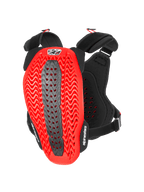 Alpinestars A-5 Plasma Brustprotektor, Motorrad Brust- und Rückenprotektor, Schwarz und Rot, Rückansicht mit roter gewellter perforierter Nucleon PLASMA-Schale und einer grauen zentralen Zone, schwarze verstellbare Gurte mit weißen Logos, Schutzausrüstung für Motocross und Offroad-Fahrten
