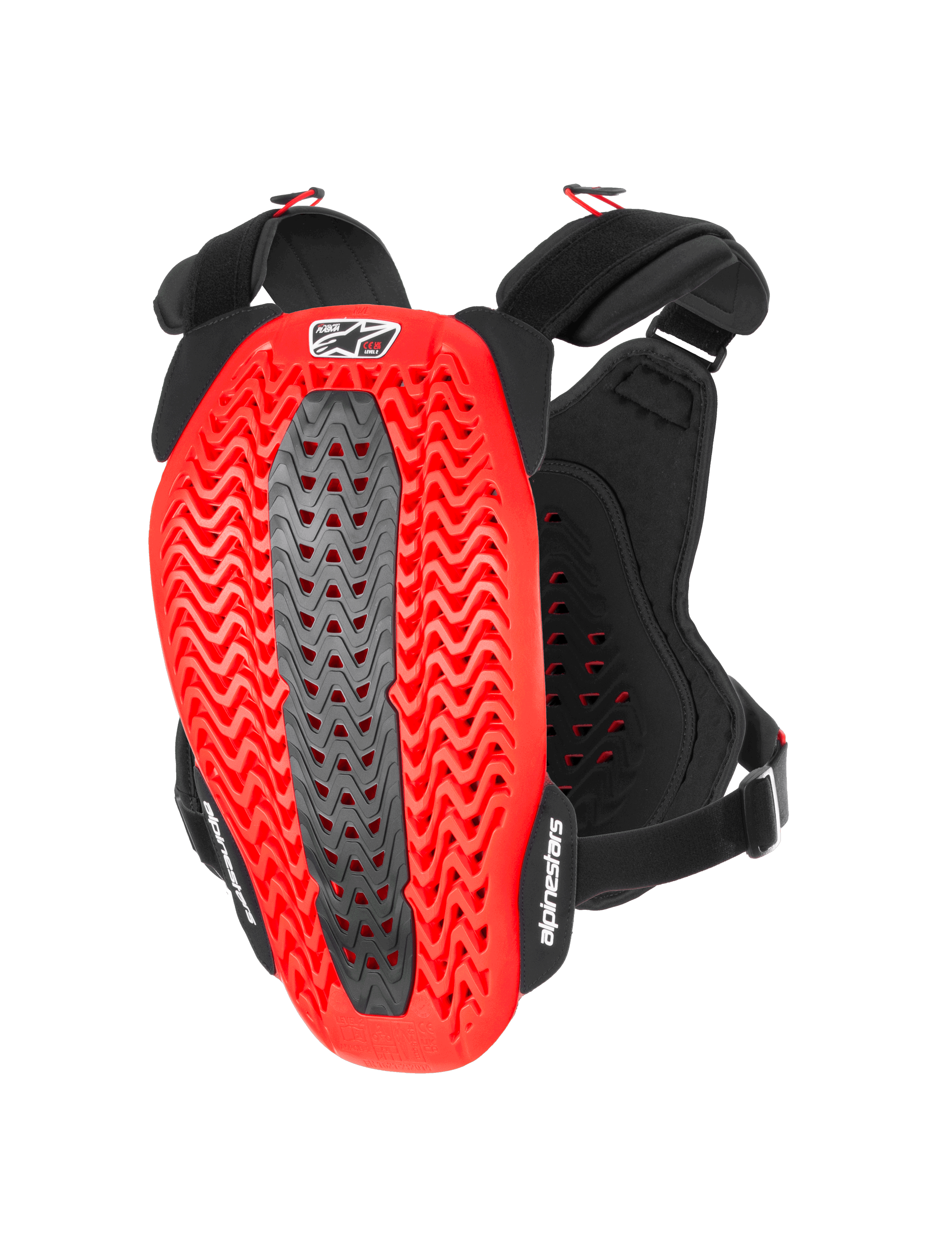 Alpinestars A-5 Plasma Brustprotektor, Motorrad Brust- und Rückenprotektor, Schwarz und Rot, Rückansicht mit roter gewellter perforierter Nucleon PLASMA-Schale und einer grauen zentralen Zone, schwarze verstellbare Gurte mit weißen Logos, Schutzausrüstung für Motocross und Offroad-Fahrten