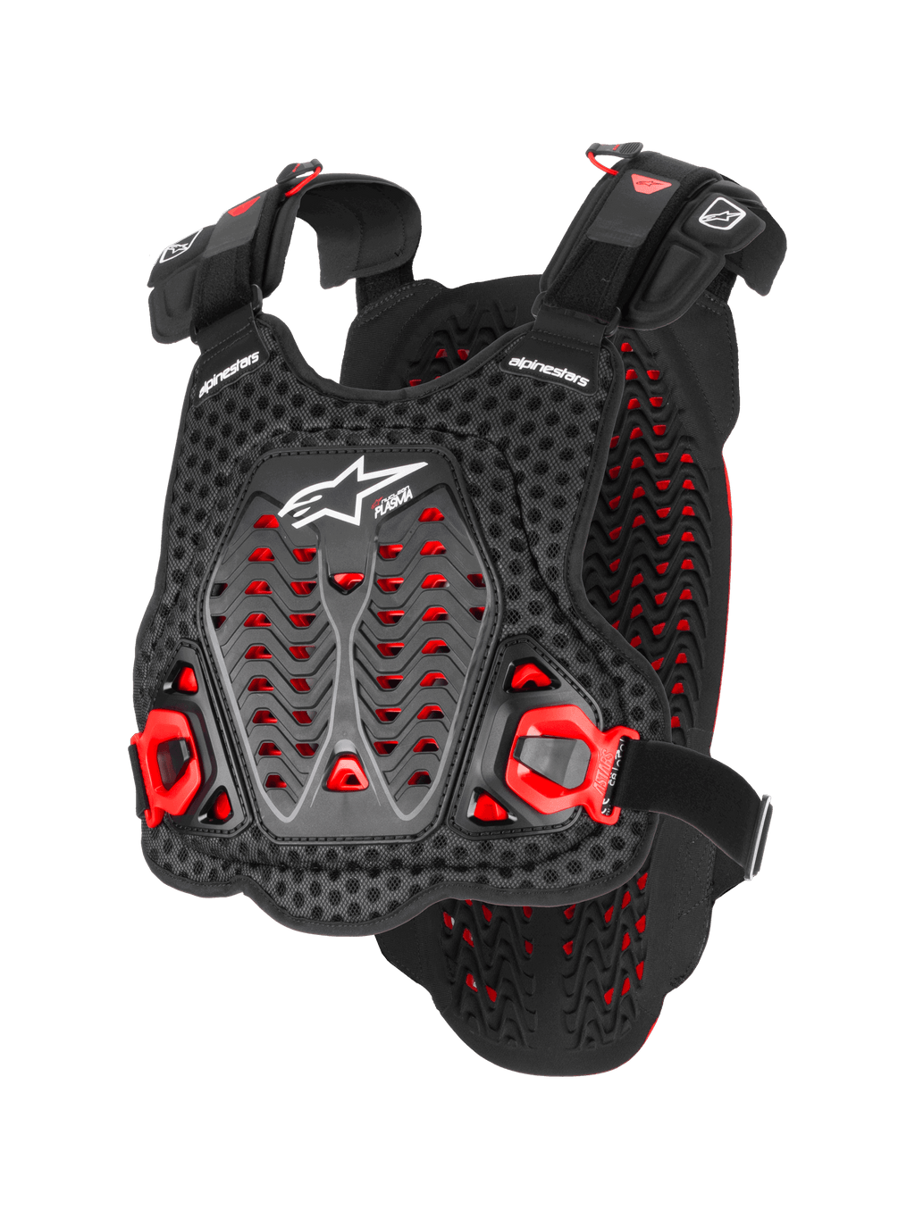 Alpinestars A-5 Plasma Brustprotektor, Motocross-Körperschutz, Schwarz und Rot, Perforiertes 3D-Mesh mit Nucleon PLASMA-Material, Angewinkelte Schutzpaneele, Verstellbare Gurte, Weißes Logo, CE-zertifizierte Sicherheitsausrüstung