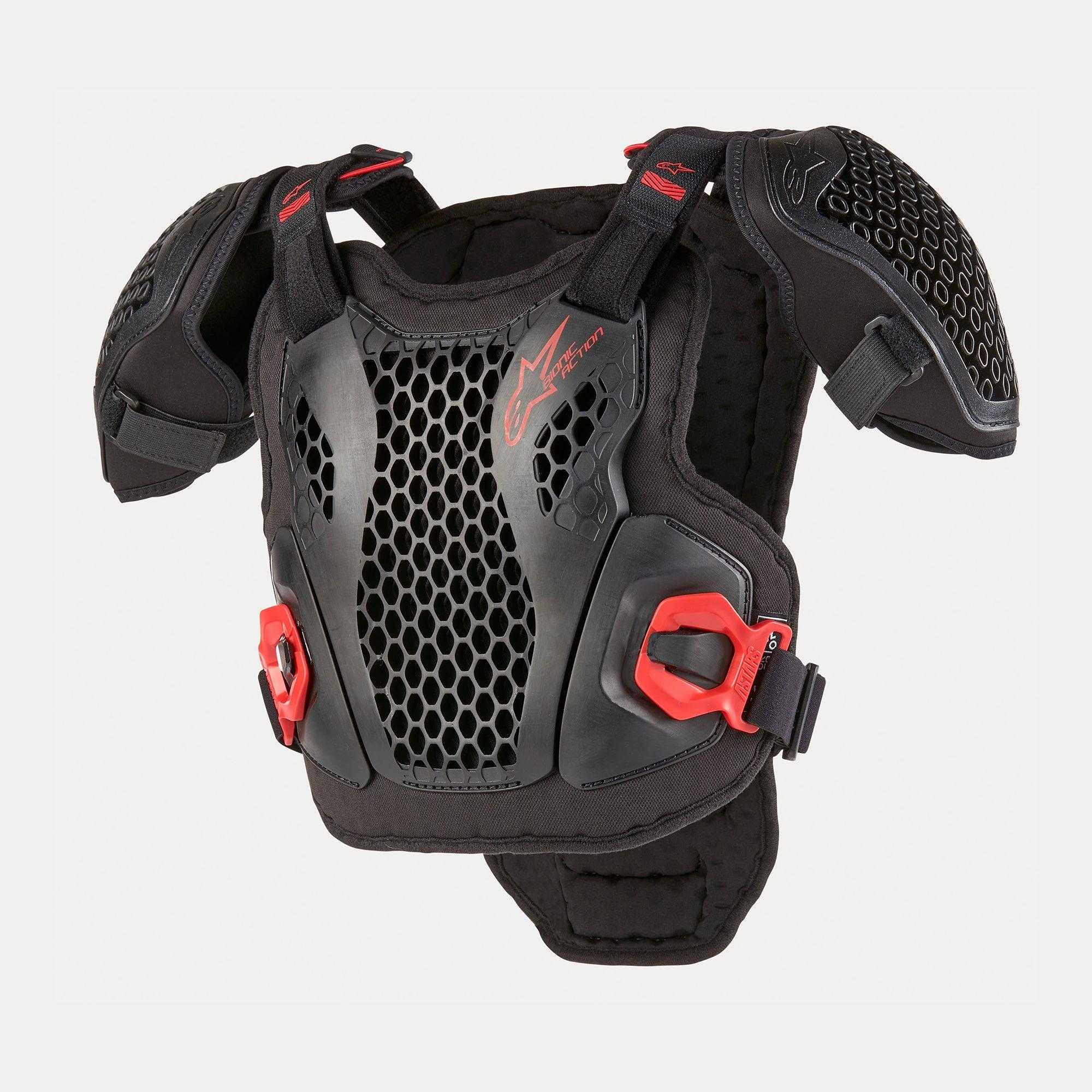 Alpinestars Youth Bionic Action Brustschutz, Motocross-Brustpanzer, Schwarz und Rot, mit perforierten Gitterplatten mit Cell Technology, verstellbaren Schultergurten, roten Schnellverschlussschnallen und gepolstertem Chassis für den Offroad-Einsatz von Jugendlichen