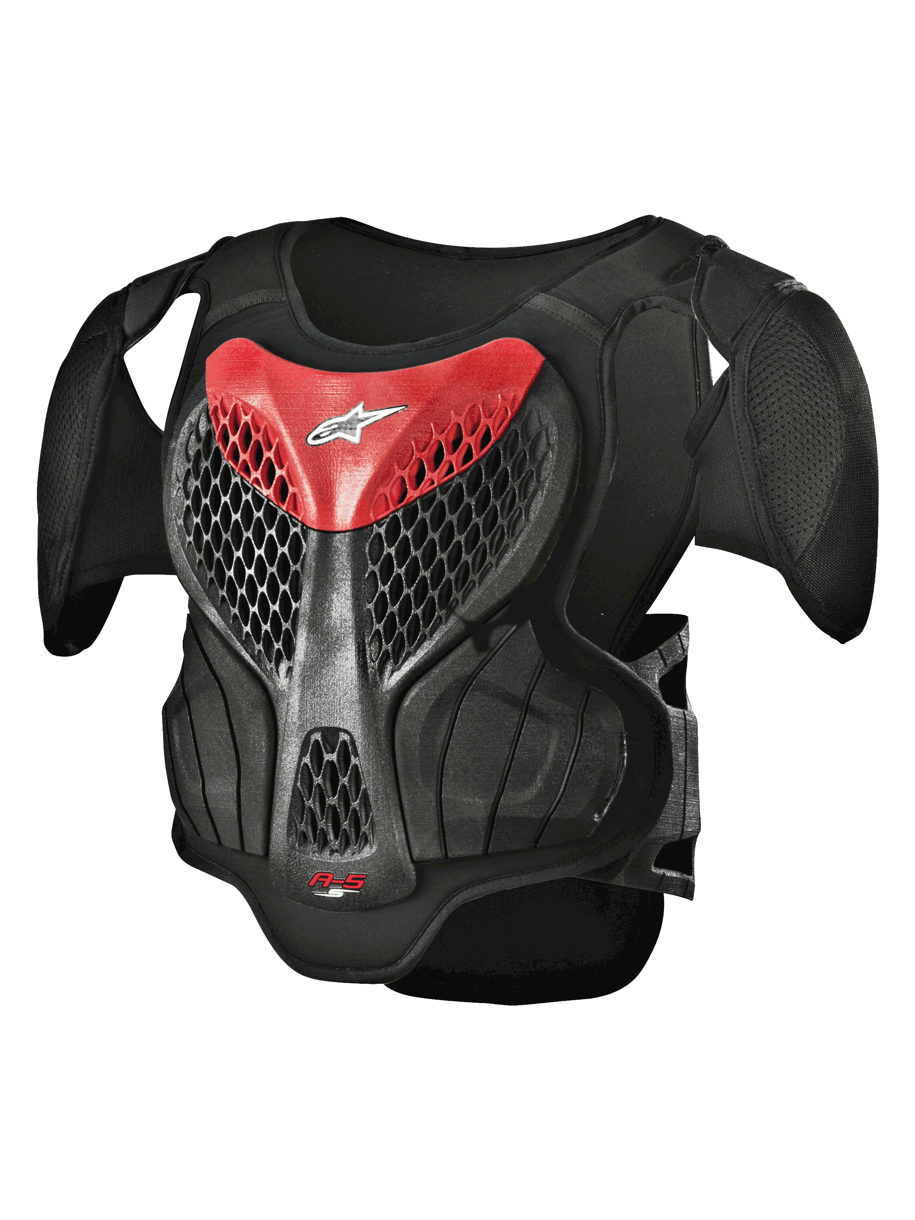 Alpinestars Youth A-5 S Body Armour, Motocross-Brustpanzer, Schwarz und Rot, hexagonales Mesh-Design, gepolsterte Schultern, leichter Schutz für junge Fahrer