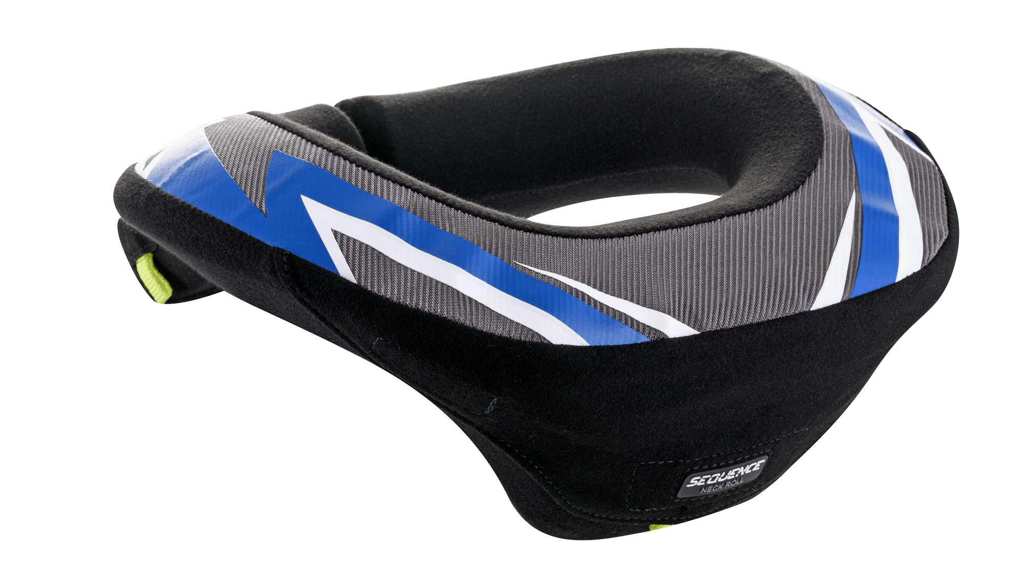 Alpinestars Youth Sequence Nackenrolle, Nackenprotektor, Schwarz, Anthrazit und Blau, ergonomisches Design mit verlängertem Heck für Stabilität, graue strukturierte Einsätze mit blau-weißen Grafikakzenten, weiches schwarzes Innenfutter, entwickelt für die Sicherheit von Jugendlichen beim Motocross und Kartsport