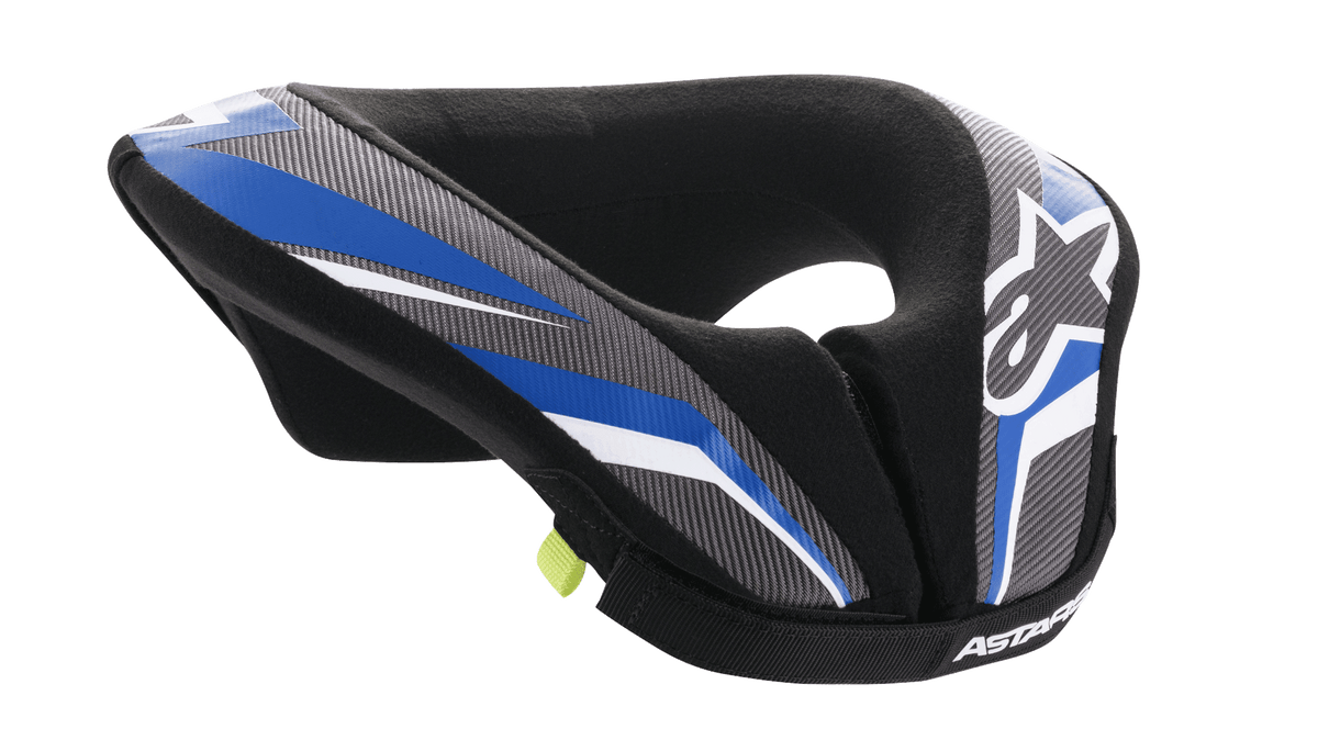 Alpinestars Youth Sequence Neck Roll, Youth Motocross Neck Protector, Black Anthracite and Blue, featuring a padded ergonomic design with blue and gray patterned panels, white accents, and Alpinestars branding, soft inner lining for comfort