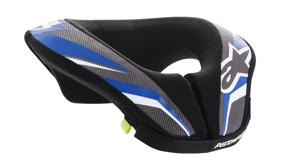 Alpinestars Youth Sequence Neck Roll, Jugend-Motocross-Nackenschutz, Schwarz, Anthrazit und Blau, gepolstertes ergonomisches Design mit blau und grau gemusterten Paneelen, weißen Akzenten und Alpinestars-Branding, weiches Innenfutter für Komfort