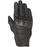 Alpinestars Mustang V2 Handschuhe, schwarze Motorradhandschuhe aus Leder, perforiertes Design mit integriertem Knöchelschutz, Akkordeon-Stretcheinsätze an den Fingern, geprägtes Stern-Logo, urbaner Stil mit kurzer Manschette