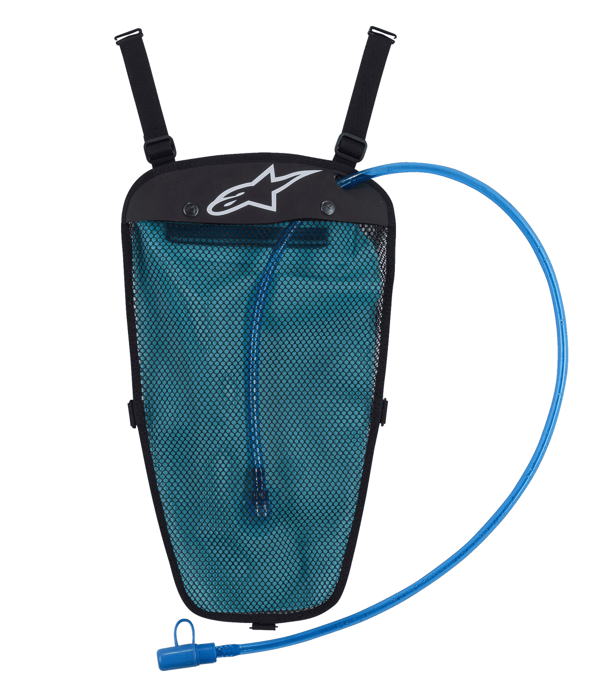 Alpinestars Hydration Pack, Schwarz und Blau, 1,5-Liter-Wasserblase in Netztasche, blauer Trinkschlauch mit Mundstück, weißes Astar-Logo, verstellbare Riemen zur Integration in Jacken, konzipiert für Offroad- und Adventure-Fahrten